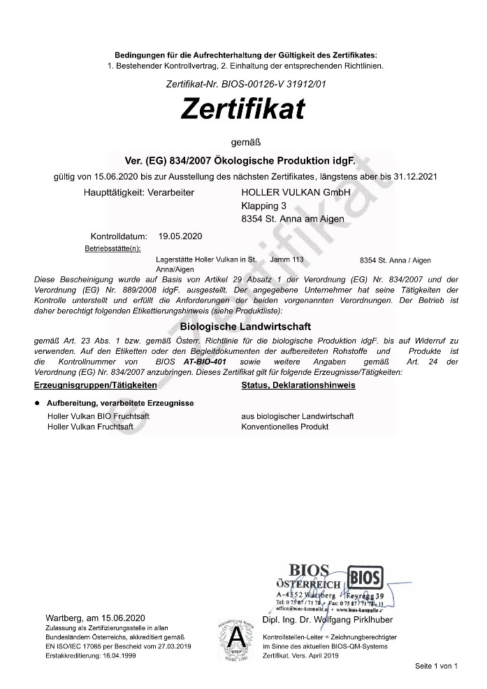 Holler Vulkan Bio Zertifikat AT Bio 401 2021